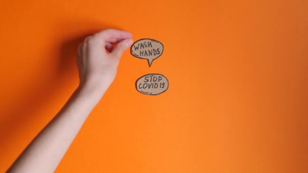 Σταματήστε Covid Φυσαλίδες Ομιλία Κινουμένων Σχεδίων Στο Πορτοκαλί Φόντο Πλύνετε — Αρχείο Βίντεο