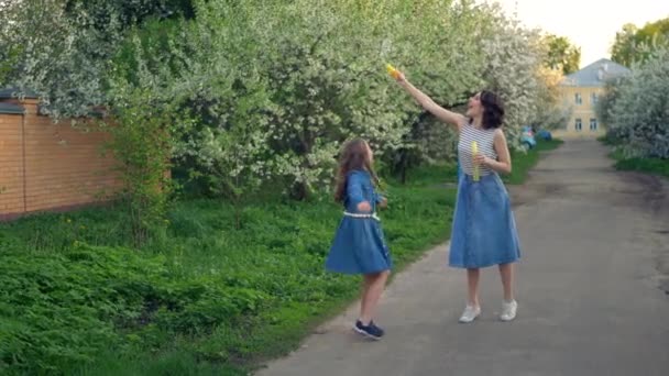 Mamá y su pequeña hija jugando juntas, soplando y atrapando burbujas de jabón . — Vídeos de Stock