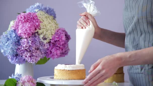 Filling Cake Cream Jelly Using Pastry Bag Multilayered Cake Wedding — Stock Video