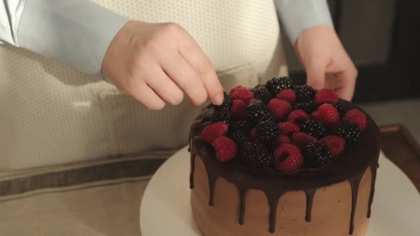 Pasticcere Decora Torta Cioccolato Con Lamponi Freschi Vicino — Video Stock