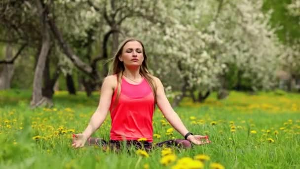 Aantrekkelijke Fitnessvrouw Ontspant Mediteert Terwijl Gekruiste Benen Buiten Het Park — Stockvideo