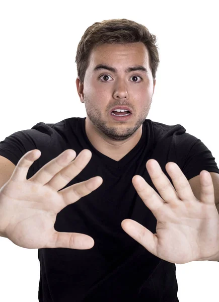 Homem no fundo branco com Stop Gesture — Fotografia de Stock