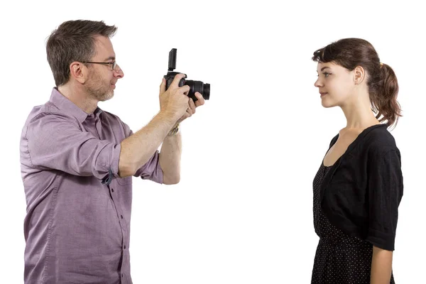 Photographer Demonstrating Studio Photography with a Model — Stock Photo, Image