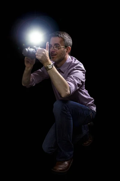 Paparazzi with Camera and Flash in a Dark Background — Stock Photo, Image