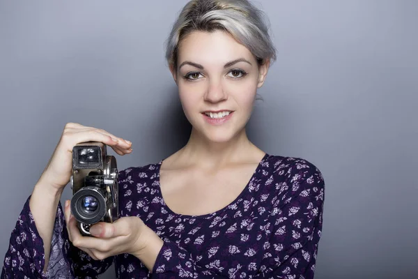 Film Student with a Vintage Camera — Stock Photo, Image