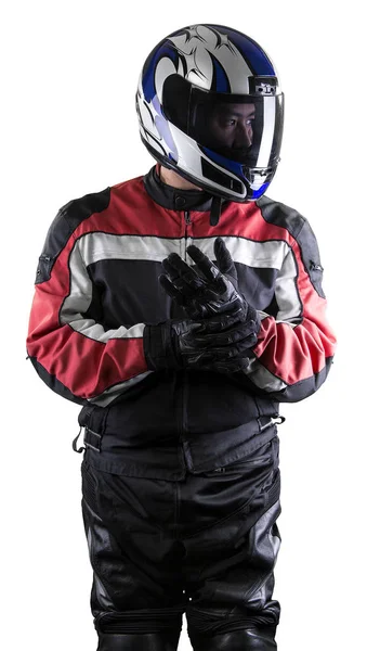 Pilota di auto da corsa o motociclista su sfondo bianco — Foto Stock