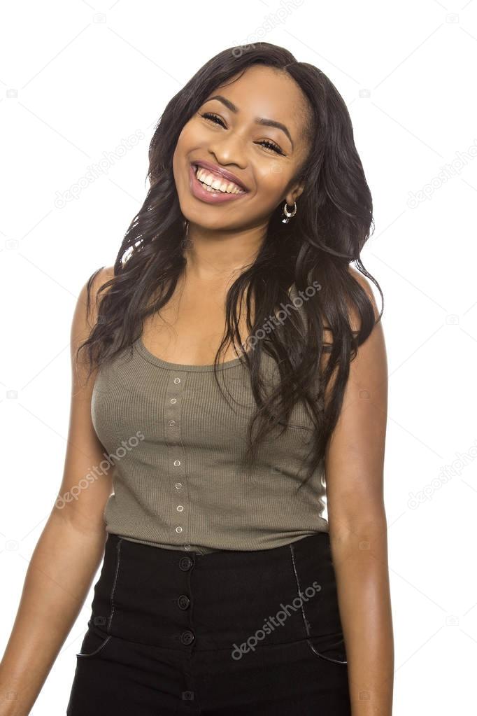 Black Female on a White Background with Happy Gestures and Expressions