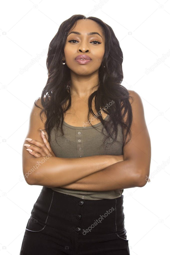Black Female on a White Background with Confident Gestures and Expressions