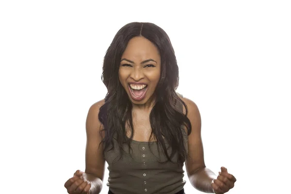 Black Female on White Background Excited — Stock Photo, Image