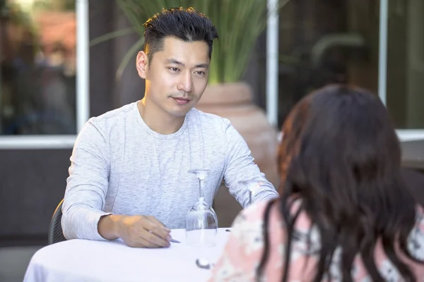 Interracial Dating Asian Male Black Female Couple Outdoor Restaurant Cafe — Stock Photo, Image