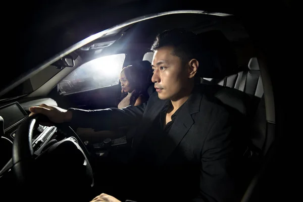 Asian Man Driving Black African Female Date Car Look Heading — Stock Photo, Image