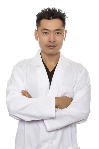 Estudante Medicina Asiática Vestindo Uma Jaleco Isolado Fundo Branco Homem — Fotografia de Stock