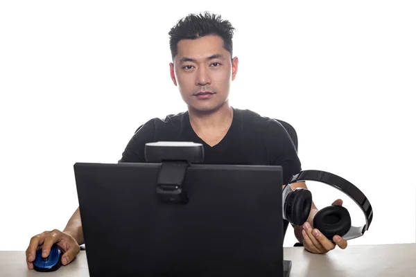 Asian Male Wearing Headphones Playing Video Game Streaming Online Webcam — Stock Photo, Image