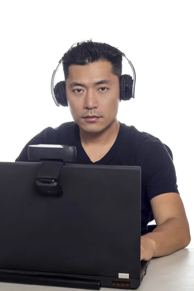 Asian Male Wearing Headphones Playing Video Game Streaming Online Webcam — Stock Photo, Image