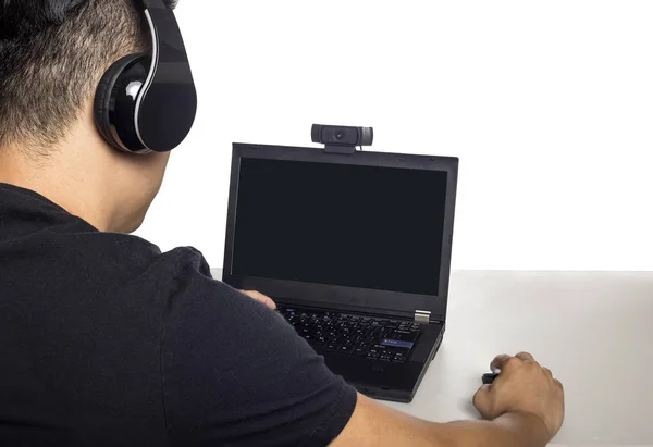 Asian Male Wearing Headphones Playing Video Game Streaming Online Webcam — Stock Photo, Image