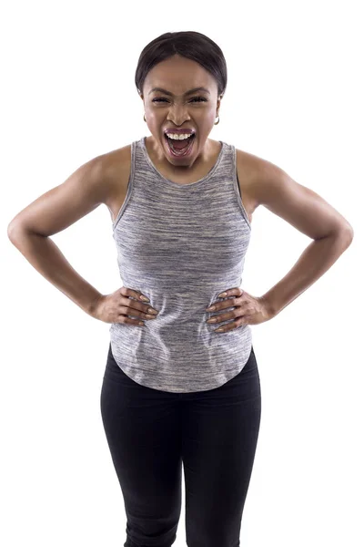 Black Female Wearing Athletic Outfit White Background Fitness Trainer Yelling — Stock Photo, Image