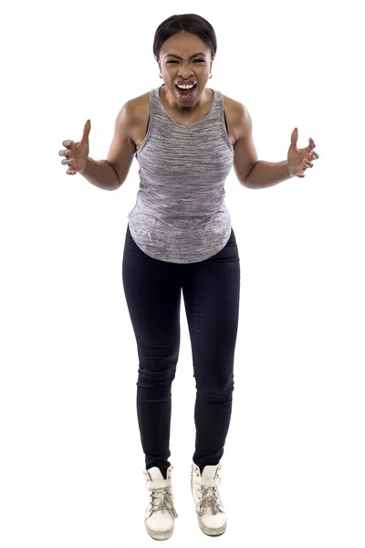 Schwarze Frau Athletischem Outfit Auf Weißem Hintergrund Als Fitness Trainerin — Stockfoto