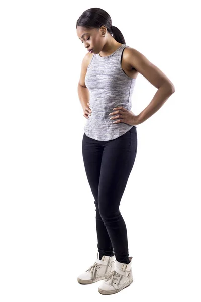 Schwarze Frau Athletischem Outfit Auf Weißem Hintergrund Als Fitnesstrainerin Die — Stockfoto
