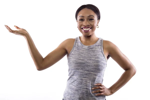 Black Female Wearing Athletic Outfit White Background Fitness Trainer Displaying — Stock Photo, Image