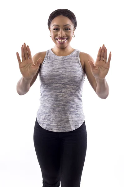 Schwarze Frau Athletischem Outfit Auf Weißem Hintergrund Als Fitnesstrainerin Die — Stockfoto