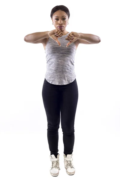 Black Female Wearing Athletic Outfit White Background Fitness Trainer Thumbs — Stock Photo, Image