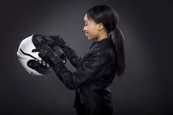 Black Female Motorcycle Rider Race Car Driver Wearing Racing Helmet — Stock Photo, Image