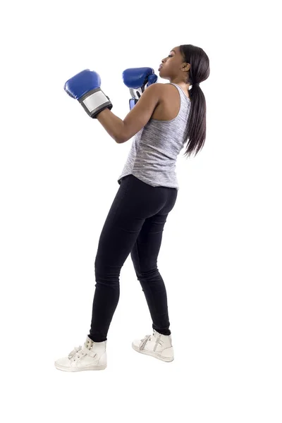 Svart Hona Isolerad Vit Bakgrund Med Boxning Handskar Arbetande Ute — Stockfoto