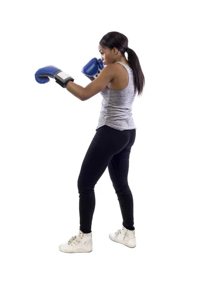 Black Female Isolated White Background Wearing Boxing Gloves Working Out Stock Picture