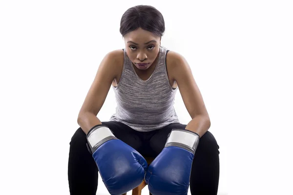 Black Female Gritty Woman Boxing Gloves Box Aerobics Martial Arts — Stock Photo, Image