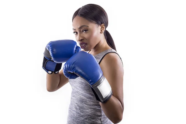 Black Female White Background Wearing Boxing Gloves Looking Confident Smug — Stock Photo, Image