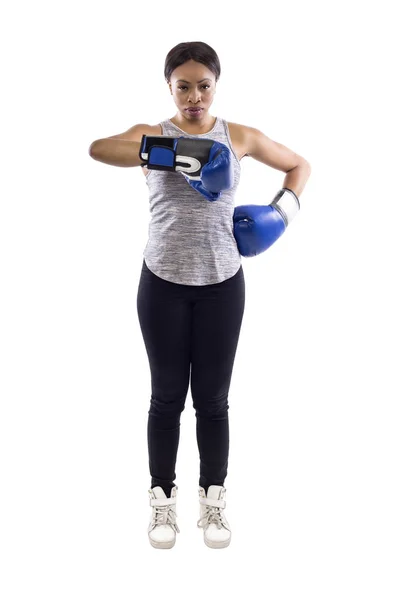 Mujer Negra Sobre Fondo Blanco Con Guantes Boxeo Con Pulgares — Foto de Stock