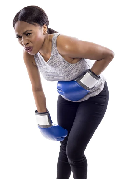 Femme Noire Sur Fond Blanc Portant Des Gants Boxe Ayant — Photo