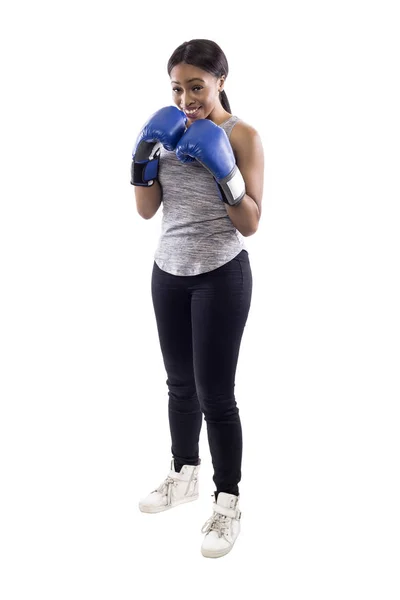 Black Female White Background Wearing Boxing Gloves Looking Nervous Part — Stock Photo, Image