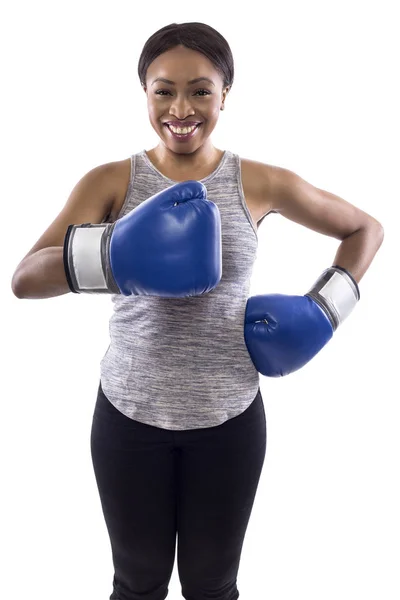 Mujer Negra Sobre Fondo Blanco Con Guantes Boxeo Con Pulgares — Foto de Stock