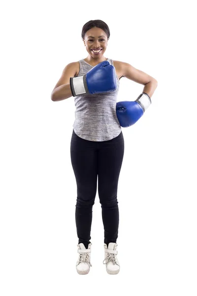 Mujer Negra Sobre Fondo Blanco Con Guantes Boxeo Con Pulgares — Foto de Stock