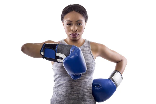 Mujer Negra Sobre Fondo Blanco Con Guantes Boxeo Con Pulgares — Foto de Stock