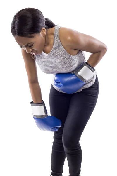 Black Female White Background Wearing Boxing Gloves Looking Hurt Pain Royalty Free Stock Photos