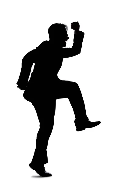 Silhouette Backlit Model Posing Businessman White Background Jumping Leaping Forward — Stock Photo, Image