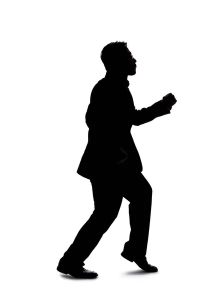 Silhouette Backlit Model Posing Businessman White Background Jumping Leaping Forward — Stock Photo, Image