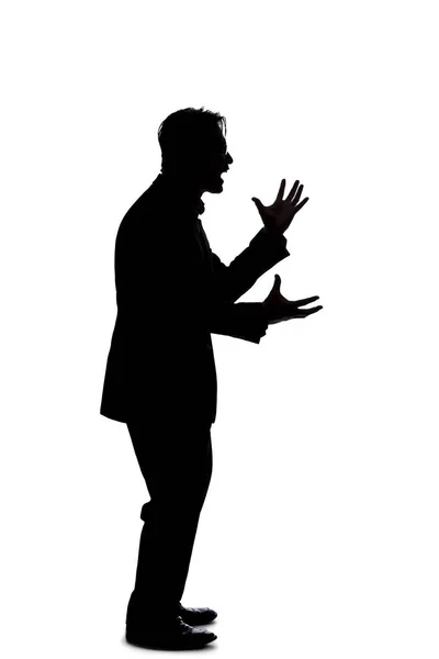 Silhouette Backlit Model Posing Businessman White Background Shouting Anger Furious — Stock Photo, Image