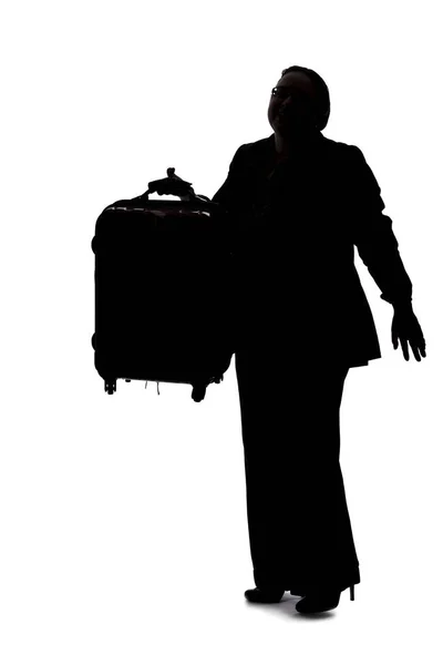 Silhouette Einer Geschäftsfrau Die Auf Geschäftsreise Ist Und Mit Gepäck — Stockfoto