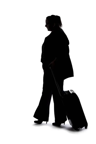 Silhouette Businesswoman Going Business Trip Traveling Luggage She Carrying Bags — Stock Photo, Image