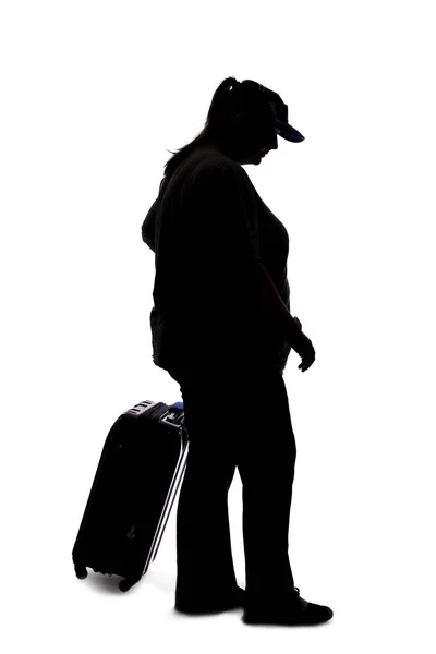 Silhouette Curvy Female Passenger Waiting Line Luggage Isolated White Background — ストック写真
