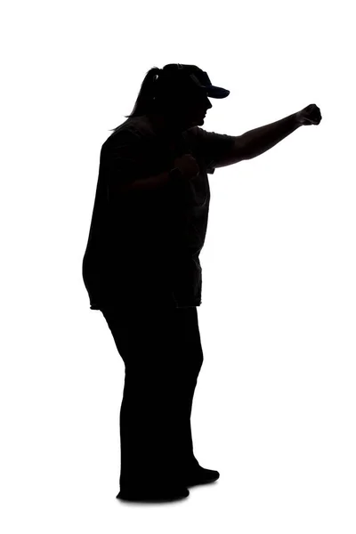 Silhouette Une Femme Courbée Sur Fond Blanc Elle Est Méconnaissable — Photo