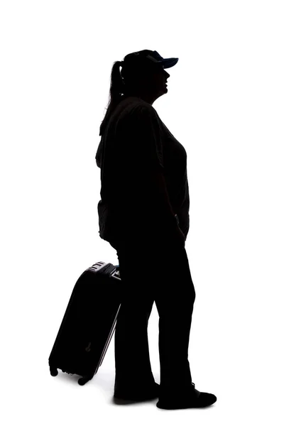 Silhouette Einer Kurvigen Passagierin Die Mit Isoliertem Gepäck Auf Weißem — Stockfoto