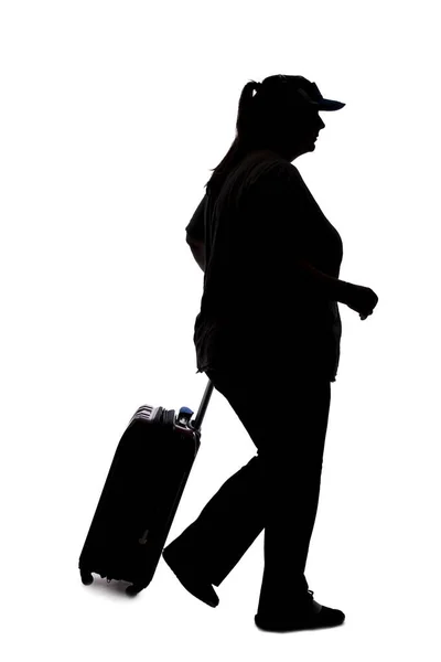 Silhouette Curvy Female Passenger Waiting Line Luggage Isolated White Background — 图库照片