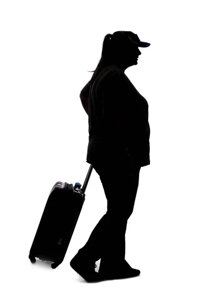 Silhouette Curvy Female Passenger Waiting Line Luggage Isolated White Background — 图库照片
