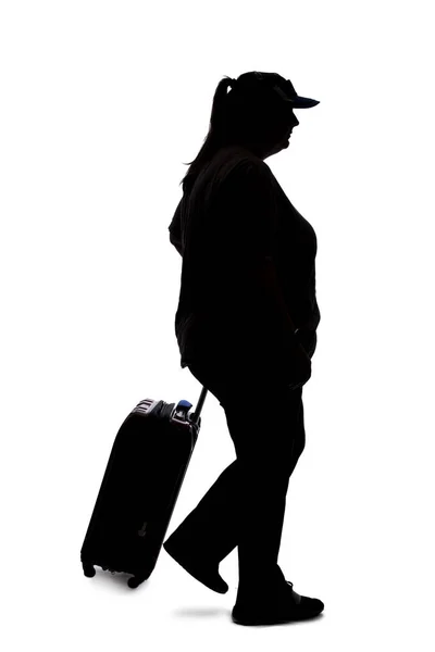 Silhouette Einer Kurvigen Passagierin Die Mit Isoliertem Gepäck Auf Weißem — Stockfoto