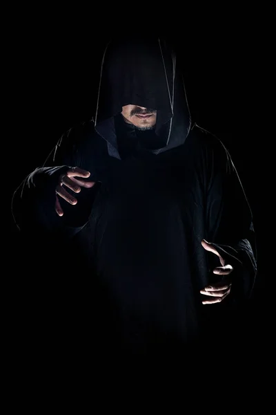 Man Dressed Dark Robe Looking Cult Leader Smoky Foggy Background — Stock Photo, Image