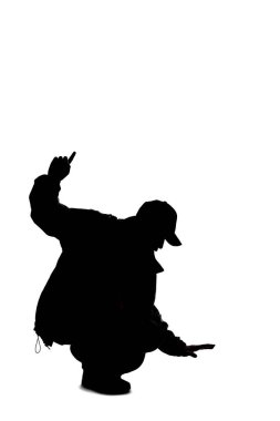 Silhouette of a male hiker or explorer isolated on a white background wearing a hat and clothes for trekking. He is searching or looking for something on the ground
